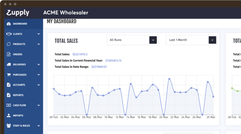 A screenshot of the program showing a dashboard containing a sales chart.
