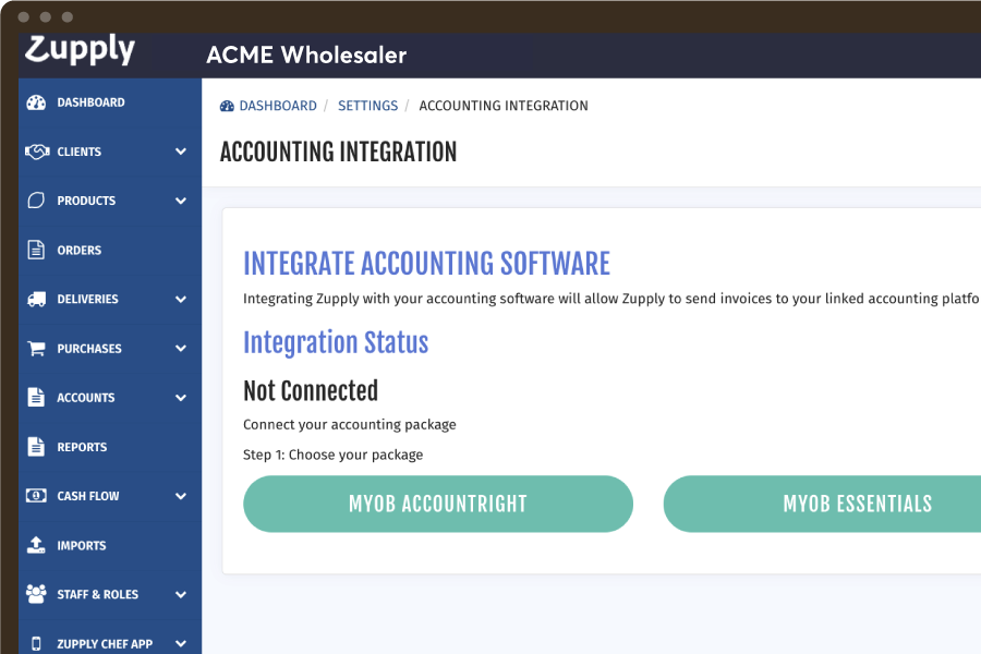 An image of the application showing an account integration screen offering connectivity to MYOB.