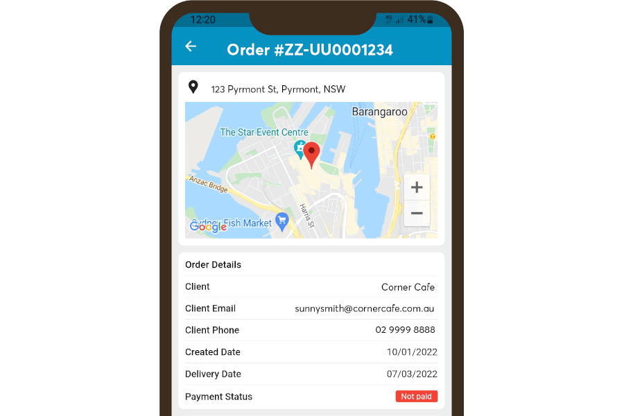 An image of the driver's app on mobile detailing an order, also displaying its delivery location on a map.