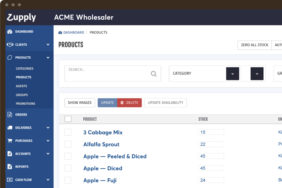 An image of the application showing wholesaler products, listing inventory and stock data.