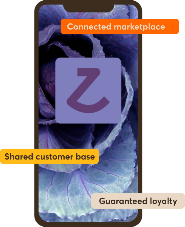 An mobile phone displaying the Zupply logo. Features are overlaid; 