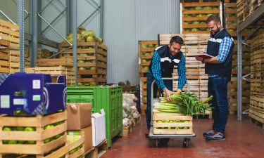Two workers loading a cart full of fresh produce in a warehouse.