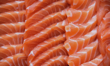 Fresh slices of salmon arranged in rows.