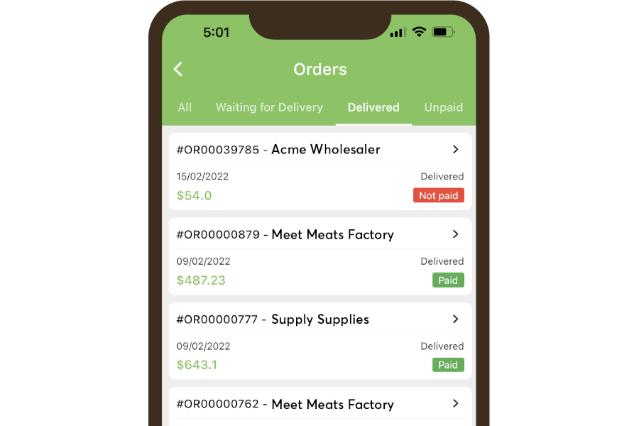 A mobile phone showing a list of orders, detailing their delivery status, payment status, and other order detail. 