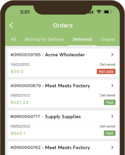 A mobile phone showing a list of orders, detailing their delivery status, payment status, and other order detail. 